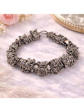 Vintage Silver-Tone Charm Bracelet With Detailed Pig Motif Figures Adjustable Cl